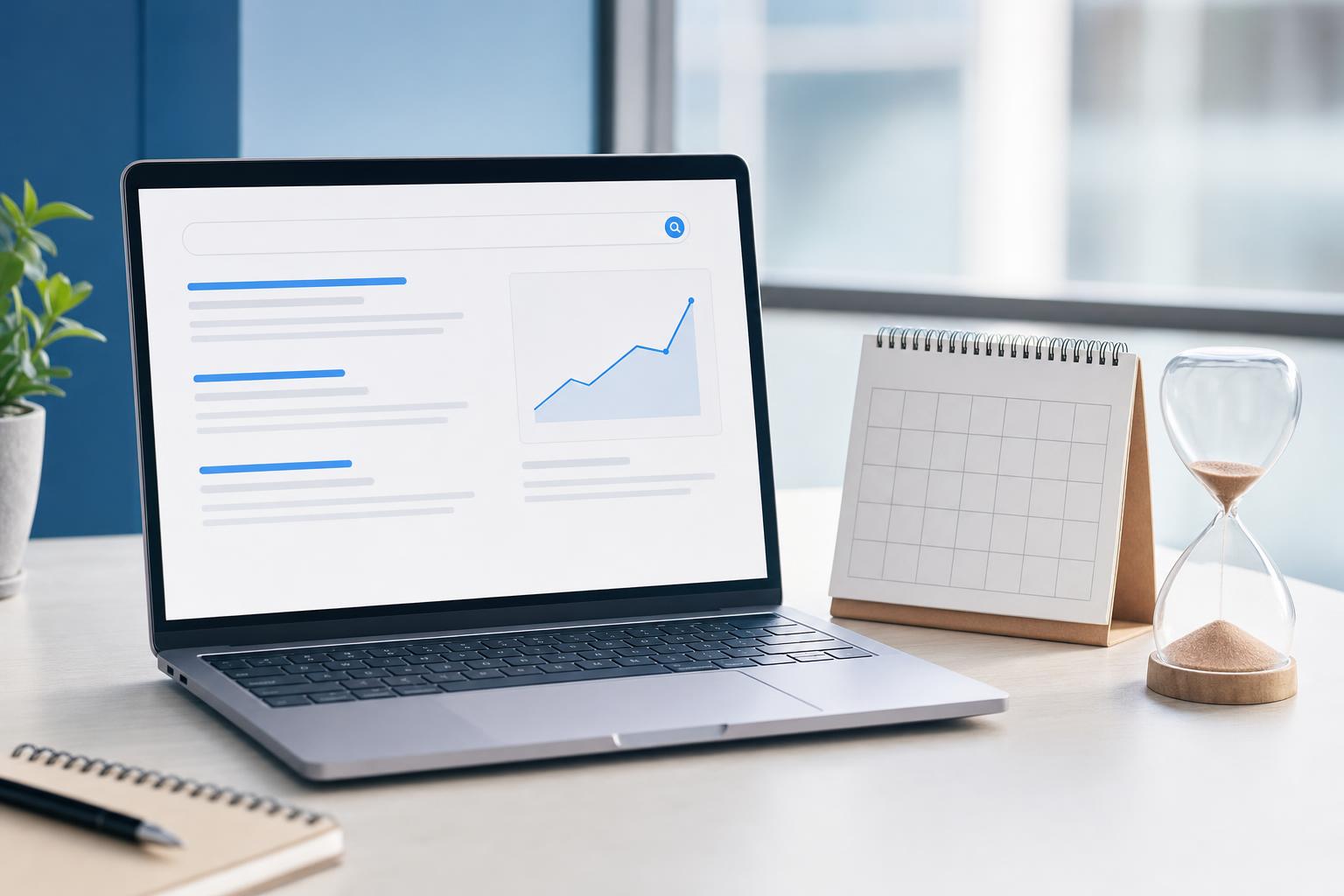 Bureau de travail avec un ordinateur portable affichant des résultats de recherche et un sablier symbolisant le délai de référencement
