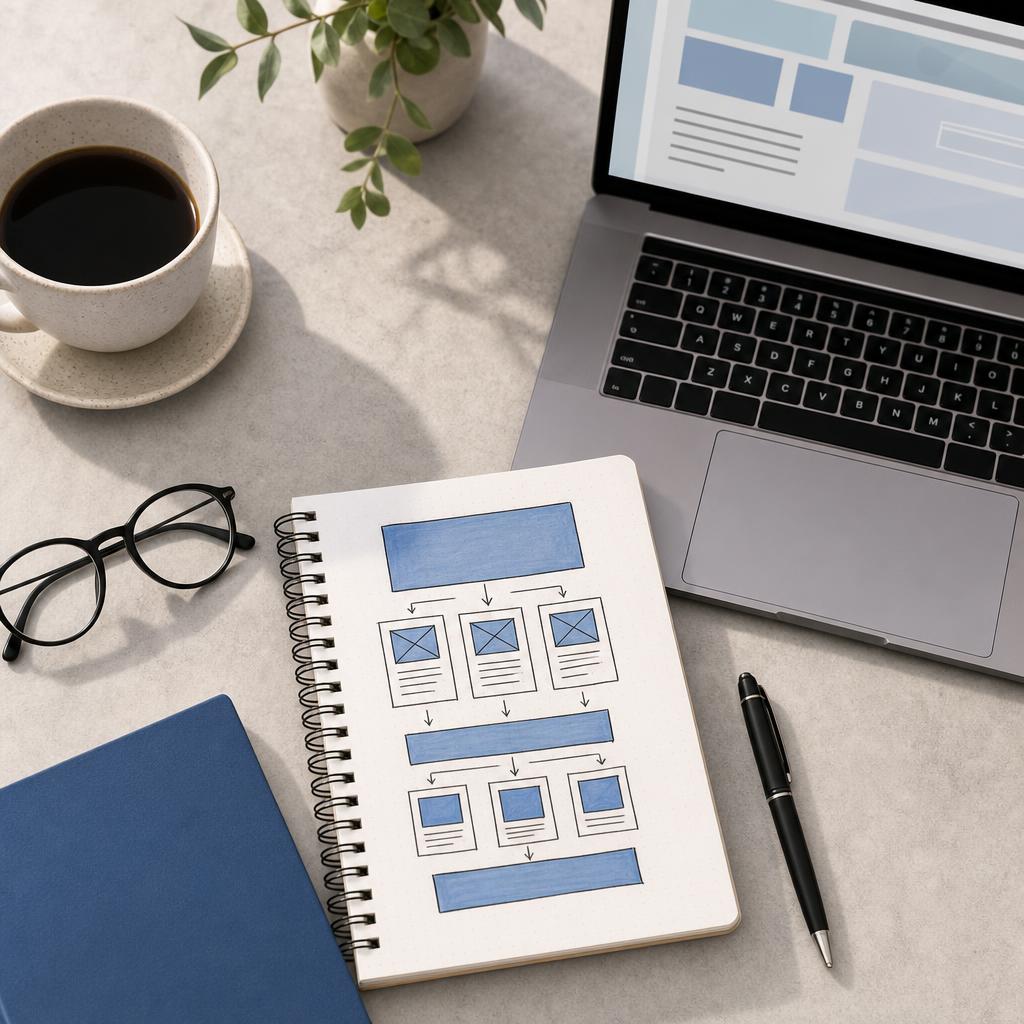 Plan d'un article de blog esquissé dans un carnet à côté d'un ordinateur portable