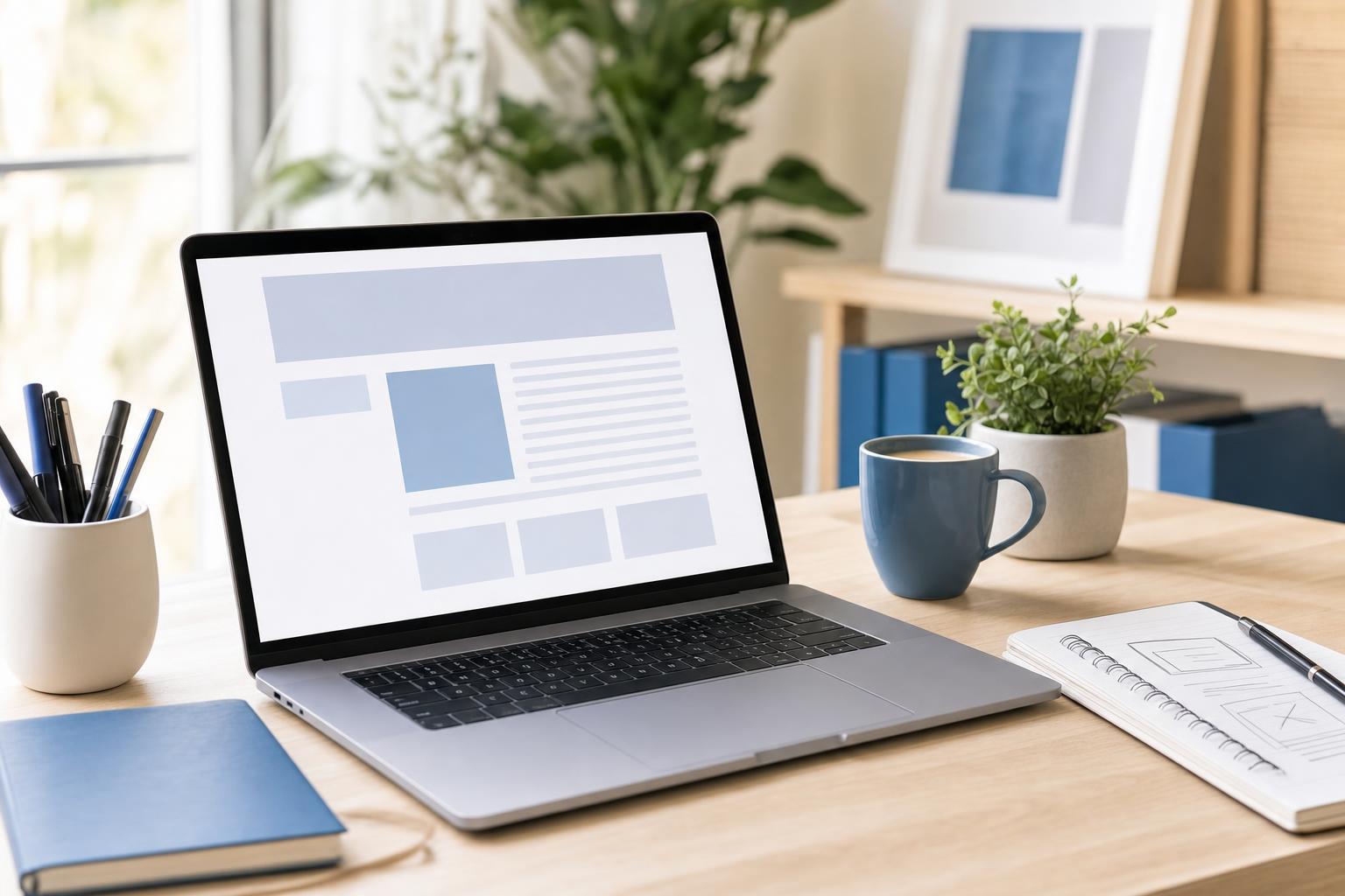 Espace de travail lumineux avec un ordinateur portable ouvert sur la mise en page d'un article de blog