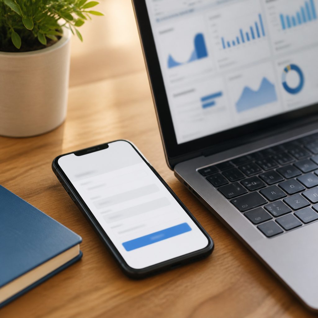 Smartphone posé sur un bureau affichant un formulaire de contact simplifié