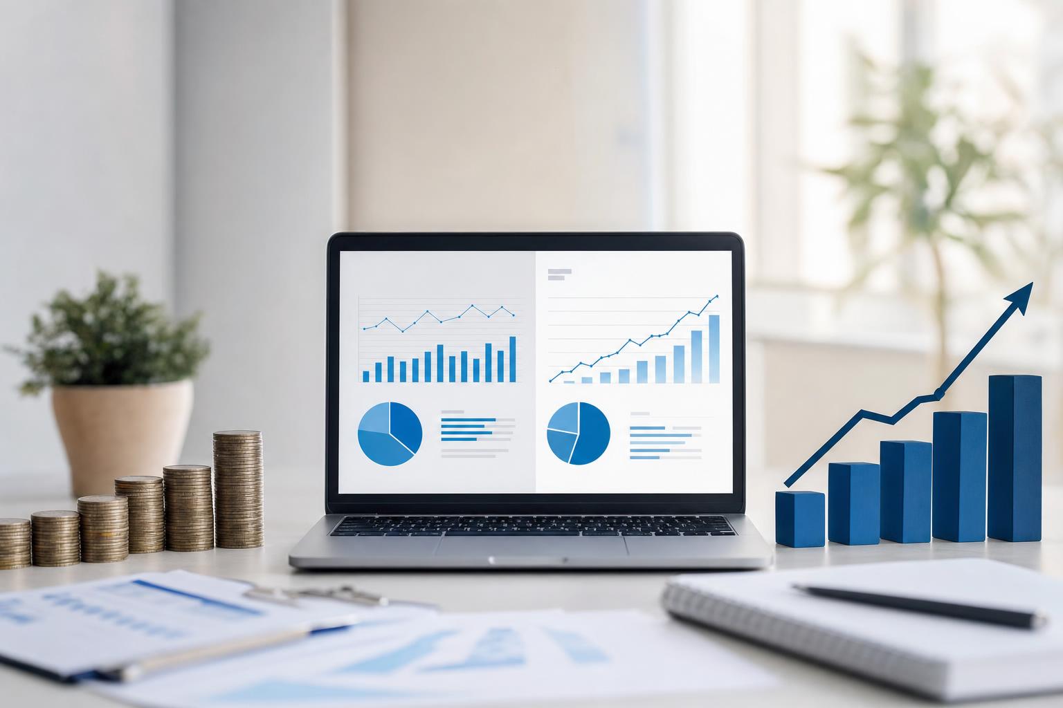 Balance comparant Google Ads et SEO, avec des pièces de monnaie d'un côté et un graphique de croissance de l'autre
