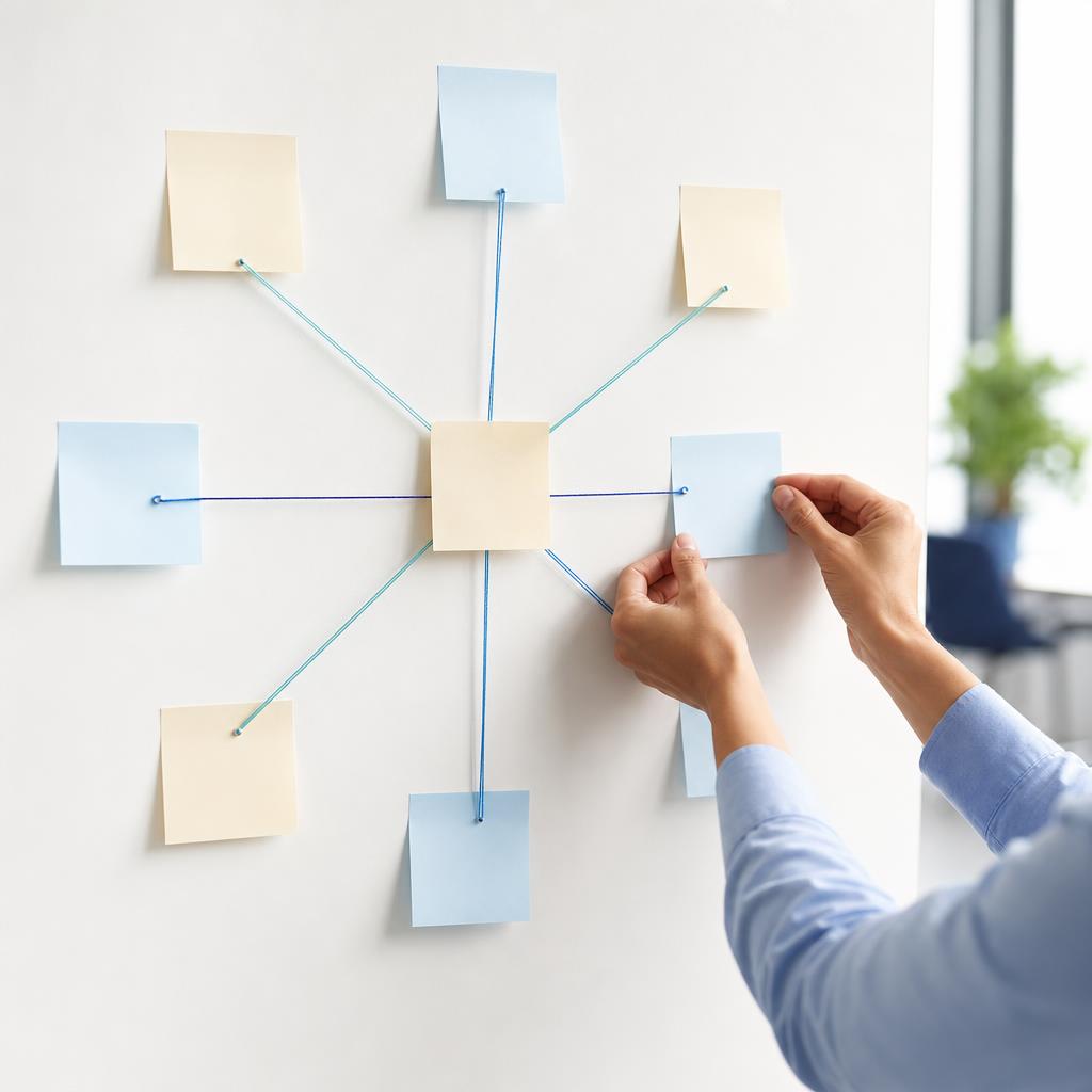Post-it reliés par des fils formant une structure en étoile, image du plan de maillage d'un site