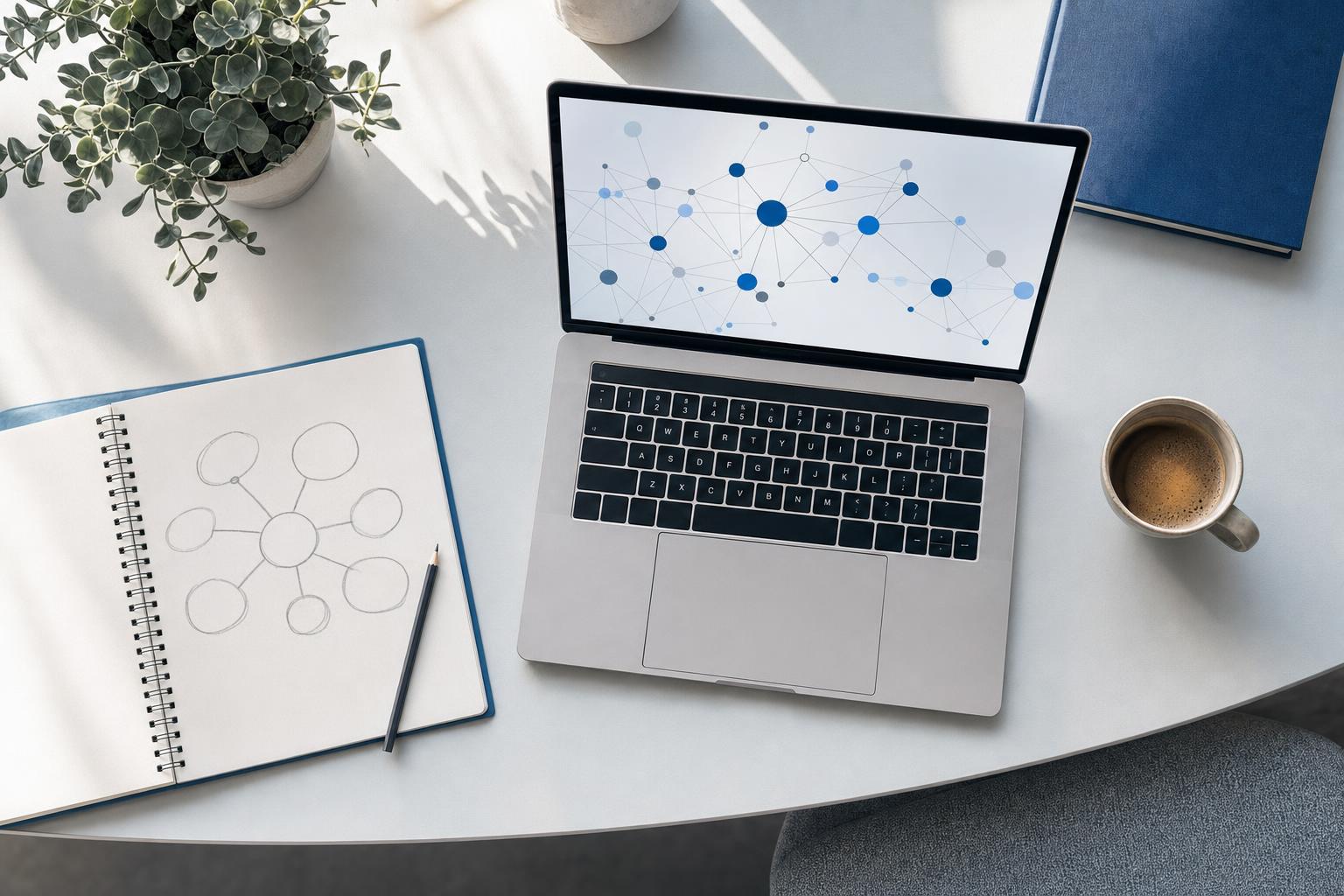 Bureau minimaliste avec un ordinateur portable affichant un graphe de pages reliées entre elles