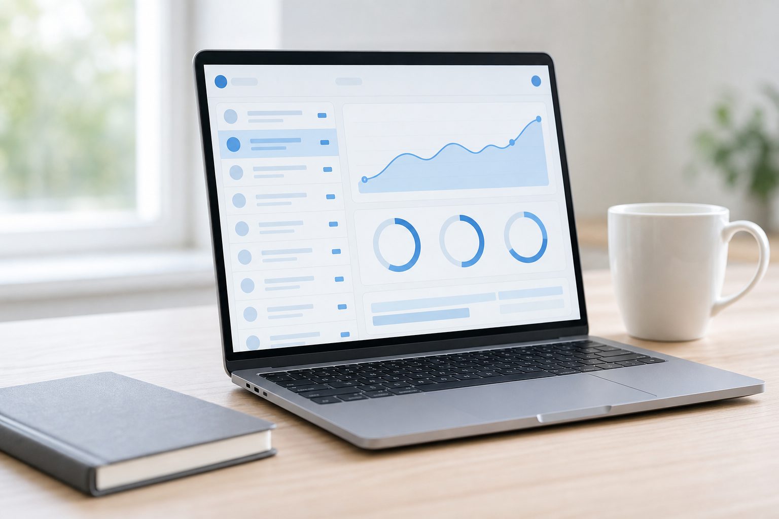 Ordinateur portable ouvert sur une interface de campagne d'emails, posé sur un bureau clair