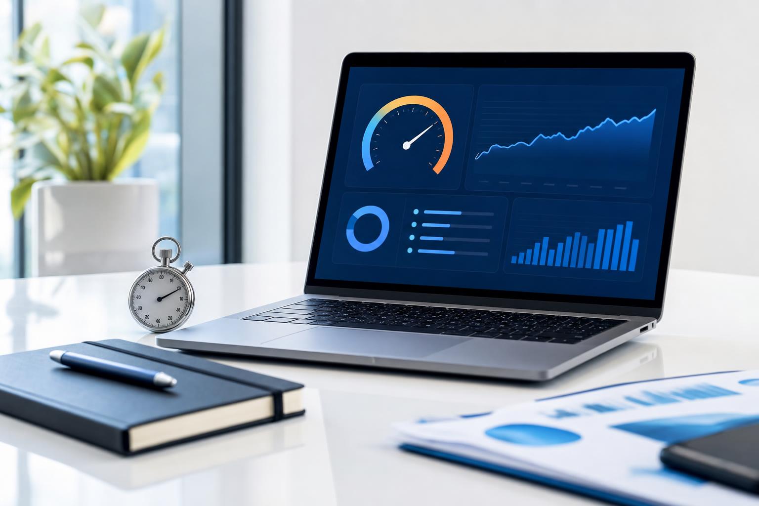 Ordinateur portable affichant un tableau de bord de performance web sur un bureau clair