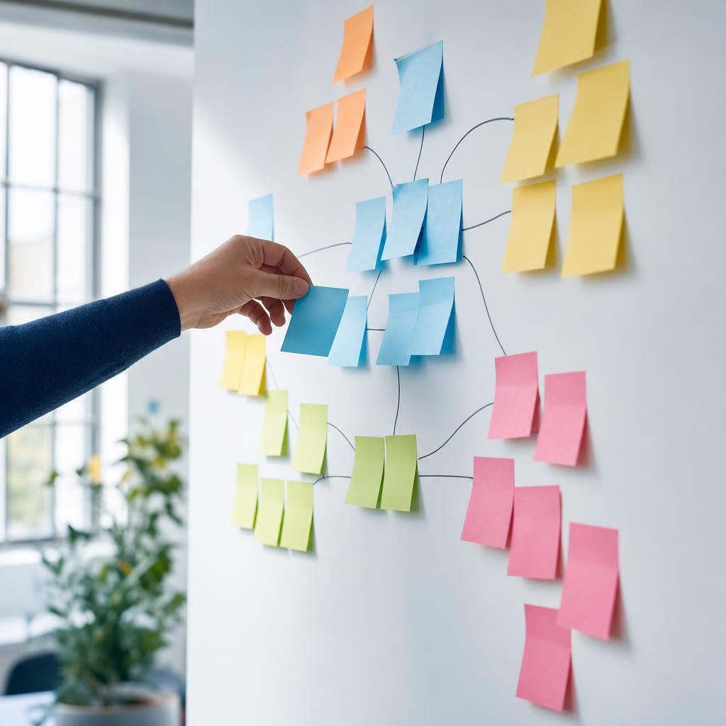 Post-it colorés organisés en groupes thématiques sur un mur blanc lors d'une séance de planification