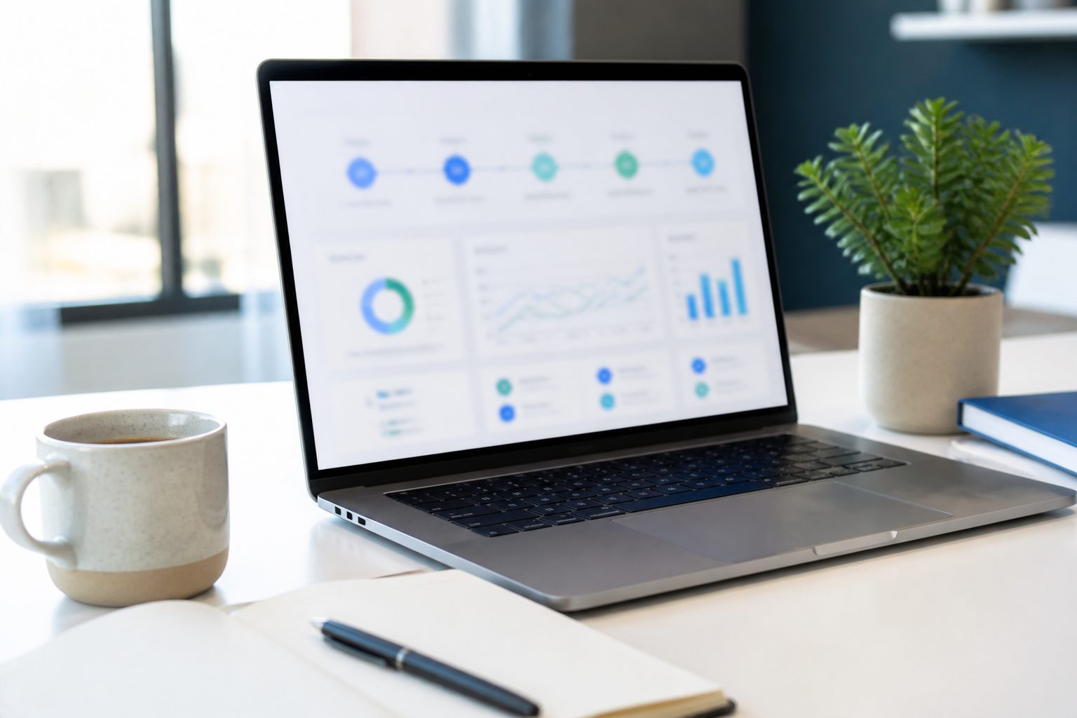Bureau lumineux avec un ordinateur portable affichant un parcours de contacts par étapes, une tasse de café et un carnet ouvert