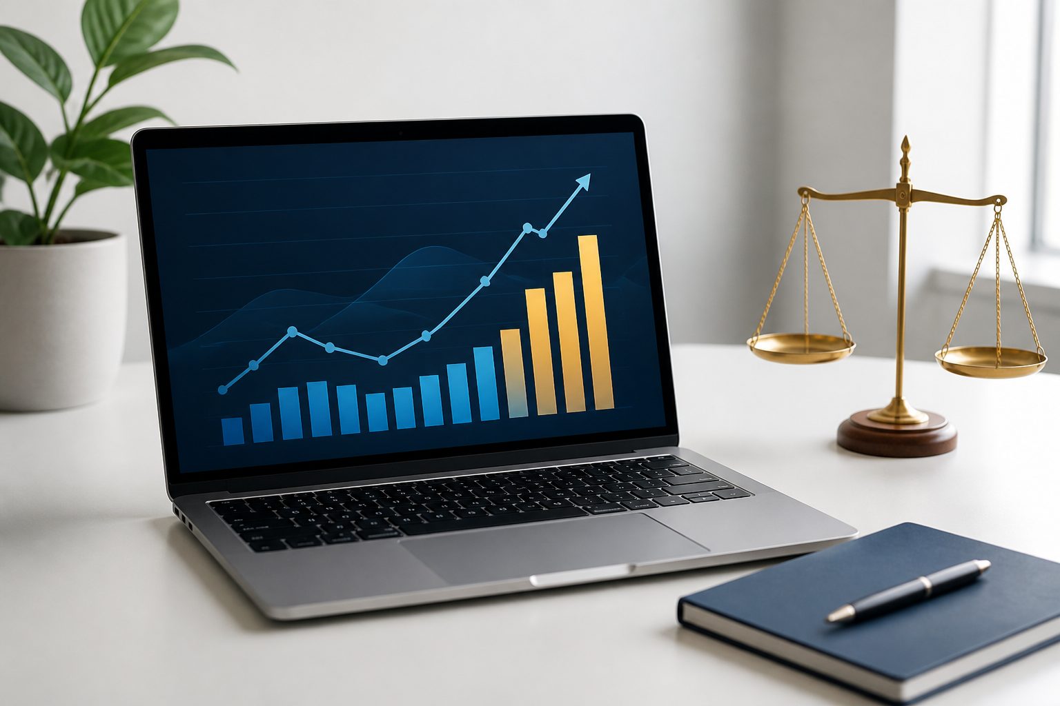 Ordinateur portable affichant un tableau de bord de croissance à côté d'une petite balance, sur un bureau clair
