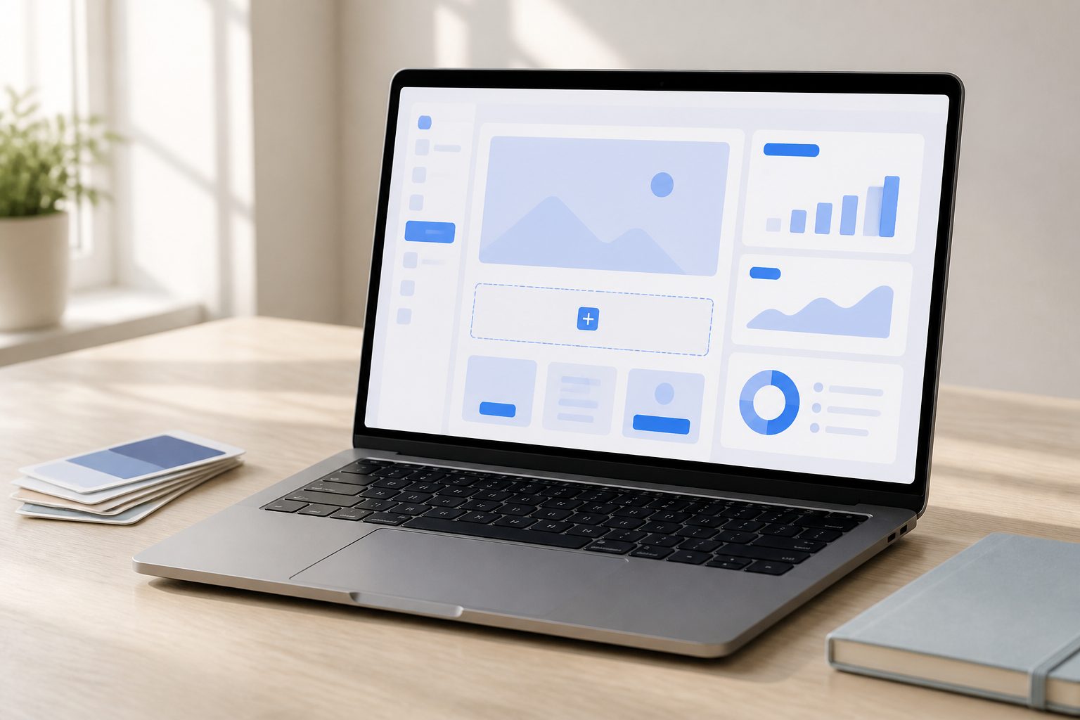 Ordinateur portable ouvert sur un éditeur de page web visuel, posé sur un bureau clair