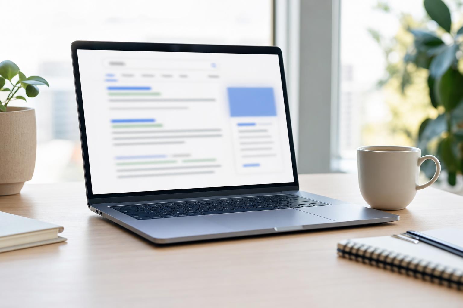 Ordinateur portable affichant une interface de résultats de recherche sur un bureau épuré