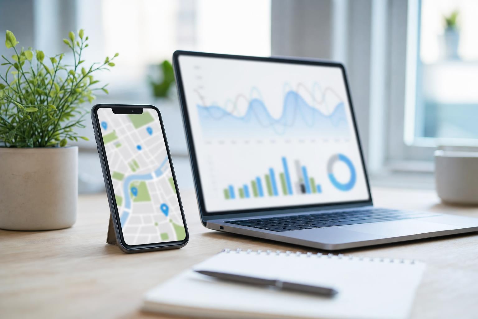 Smartphone affichant une carte avec des repères de localisation posé sur un bureau professionnel