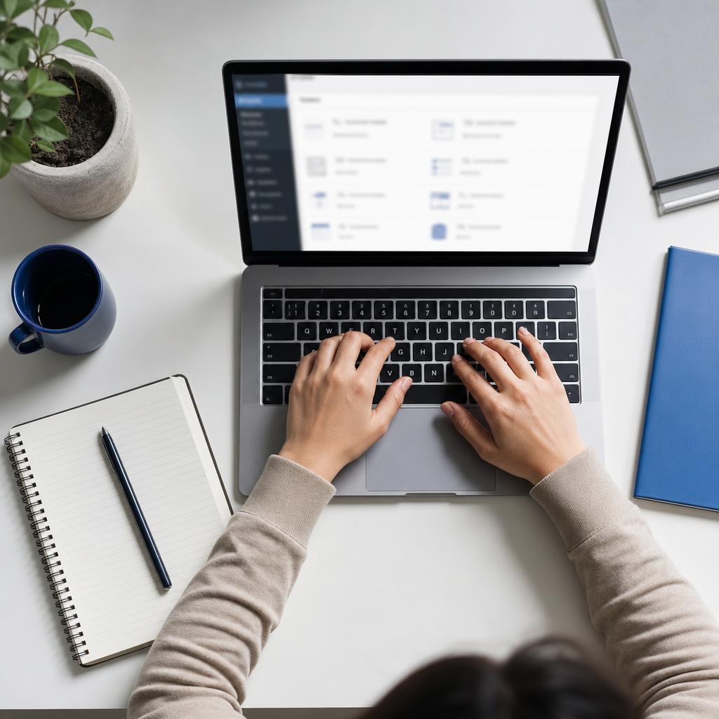 Vue de dessus d'un bureau avec un ordinateur portable ouvert sur un panneau de réglages de site web